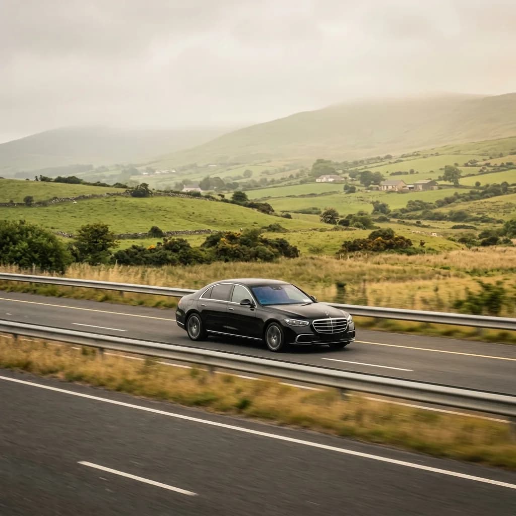 Luxury chauffeur car on an open Irish countryside route